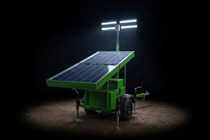 Torre de iluminação solar com os refletores LED acesos à noite