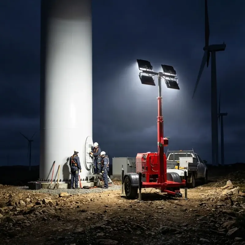 Torre de iluminação móvel iluminando equipe em obra noturna