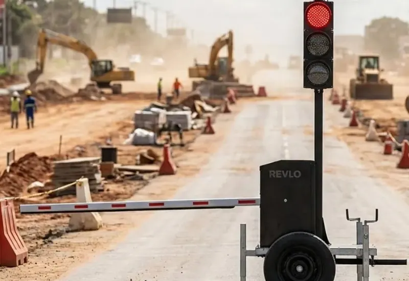 Semáforo móvel com cancela controlando o fluxo alternado em obra rodoviária