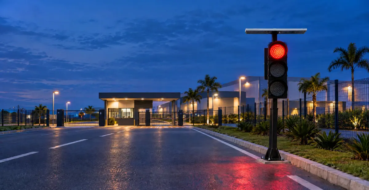 Semáforo solar em coluna na entrada de uma empresa ao anoitecer, com o foco vermelho aceso