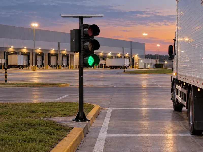 Semáforo solar com o verde aceso no pátio de um centro de distribuição, com um caminhão passando